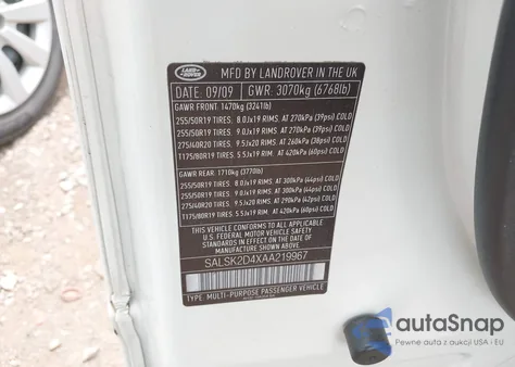 2010 Land Rover Range Rover Sport Hse from USA, damaged, VIN SALSK2D4XAA219967